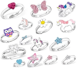 Girls 925 Sterling Silver Crystal/Enamel Ring Pink Unicorn Butterfly Heart Owl - Picture 1 of 23