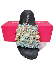 Nature Breeze~Fluff 11 Women's Shoes Beaded Open Toe Slide Sandals 8.5 Blue~NIB - Picture 1 of 6