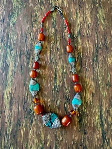 Splendida collana vintage in bachelite turchese tibetano e vetro argento 29" pollici - Foto 1 di 7