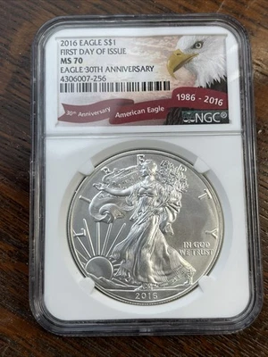 2016 Eagle MS 70 1st day of issue 30yr anniversary Label - Image 1 of 2