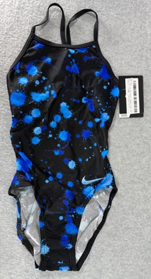 Nike Swimsuit Girls One-Piece Sz 8/24 Black Blue Splatter Racer Back NEW - Image 1 of 4