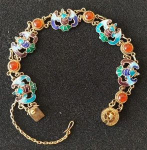 Chinese Cloisonné Gold Vermeil Filigree Silver Carnelian Cabachon & Bat Bracelet - Picture 1 of 8