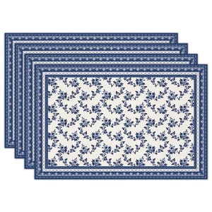 Blue Floral Branches Linen Placemats Set of 4, Chinoiserie Waterproof Washabl... - Picture 1 of 5