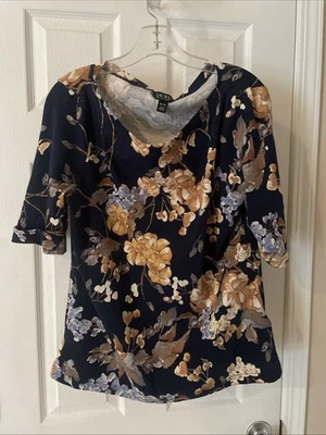 Ralph Lauren Mujeres Precioso Top Negro Etiqueta Azul Marrón Floral Manga Corta Talla XL Foto 1 de 3