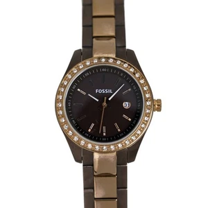Fossil Ladies Watch Crystal Bezel Brown Dial Two Tone Bracelet Date Display - Picture 1 of 10