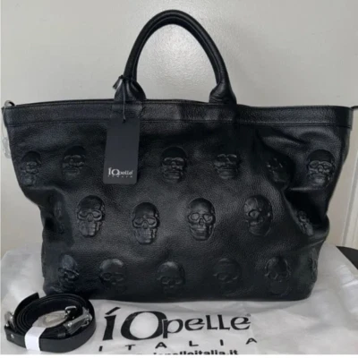 ¡NUEVO! NUEVO CON ETIQUETAS IO PELLE Italia Grande 3D Calavera Cuero Fin de Semana Bolso de Mano Negro Foto 1 de 4