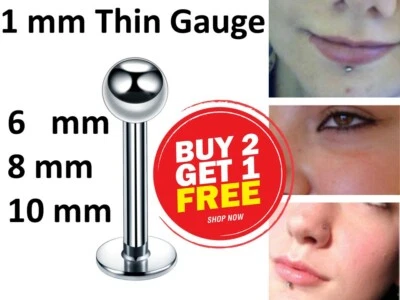 BALL Bar Helix Cartilage Tragus Lip Piercing Thin Guage 6, 8, 10mm Stud Length - Image 1 of 4
