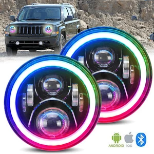 2X 7'' RGB Halo LED Headlights DRL Lights Combo Kit For 2008-2016 Jeep Patriot - Foto 1 di 18