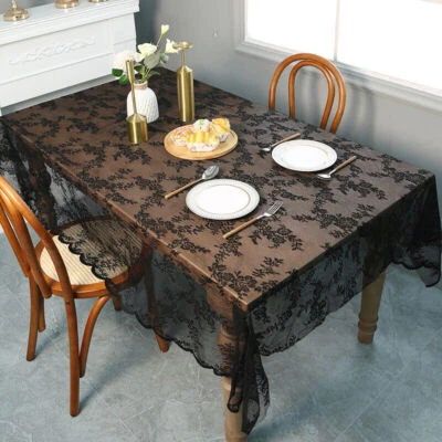 Black Vintage Embroidered Lace Floral Tablecloth Wedding Party Dining Room Decor - Image 1 of 4
