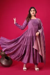 GOWN BOTTOM DUPATTA WEDDING CHINON INDIAN BOLLYWOOD DRESS PARTY WEAR - Picture 1 of 9