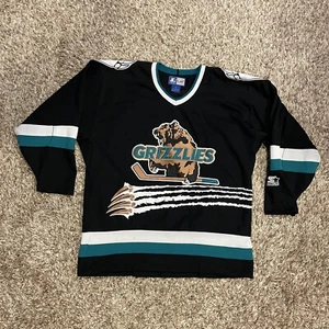 Vintage Starter Denver Utah Grizzlies Hockey Jersey IHL Mens M Black Teal - Picture 1 of 12