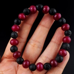 Round Shape 130.00 Cts Pink Ruby & Lava Beaded Stretchable Bracelet AK 09 E586 - Picture 1 of 3