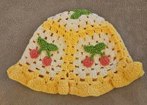 Yellow & White Crochet Knit Bucket Hat With Cherries Women's Hat One Size - Picture 1 of 9