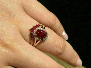 2Ct Oval Cut Lab Created Red Ruby Bridal Set Wedding Ring 14K Yellow Gold Plated - Picture 1 of 6