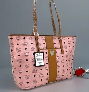 Authentisch neu mit Etikett MCM Anya Medium Reißverschluss oben beschichtetes Canvas Shopper Beuteltasche in zartem Pink/Cognac - Bild 1 von 15