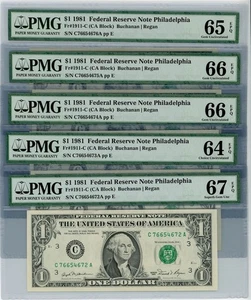 Fr. 1911-C $1 1981 FRN Philadelphia 5 Consec. 64EPQ-67EPQ PMG DC-1862 - Picture 1 of 3