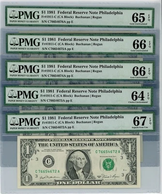 Fr. 1911-C $1 1981 FRN Philadelphia 5 Consec. 64EPQ-67EPQ PMG DC-1862 - Image 1 of 3