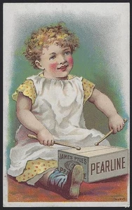 Pearline Washing Compound Little Girl Drumming a Box Victorian Trade Card - Picture 1 of 2