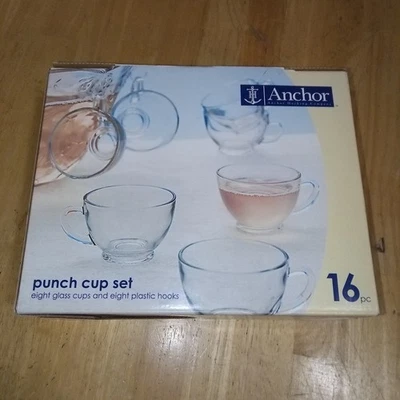 Juego de 16 tazas de vidrio perforado Anchor Hocking - 8 tazas y 8 ganchos vintage nuevo en caja Foto 1 de 4