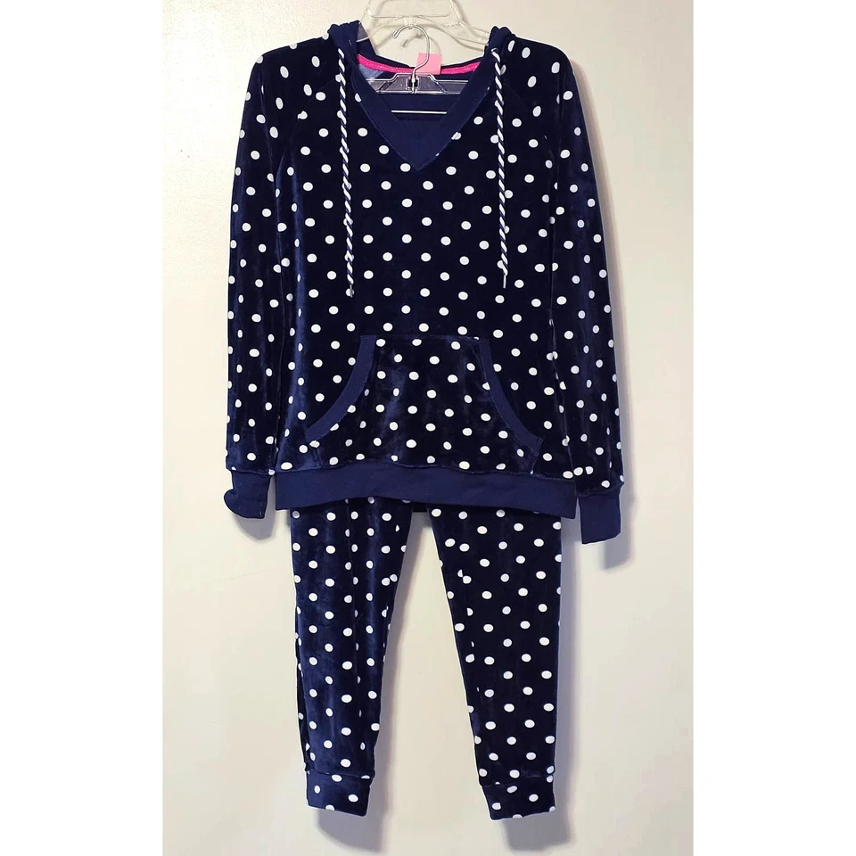 Conjunto de pijama Jenni by Jennifer Moore de terciopelo con capucha a lunares - azul/blanco, talla M Foto 1 de 4