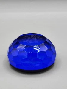 St. Louis France Blue Multi-Faceted Dome Paperweight with Etched Floral Design - Picture 1 of 10