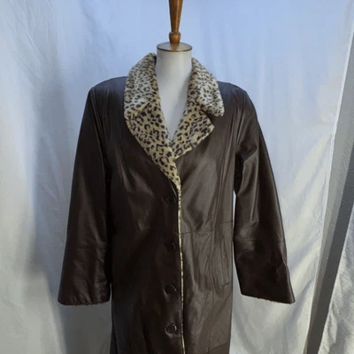 Terry Lewis full length brown leather cheetah fur lined coat/jacket mob wife SzM - Image 1 of 4