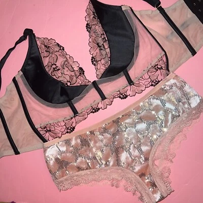 Victoria's Secret 34B, 34C, 34D, 34DD, 36D бюстгальтер комплект черный серо-розовый велюр вышивка - Изображение 1 из 4