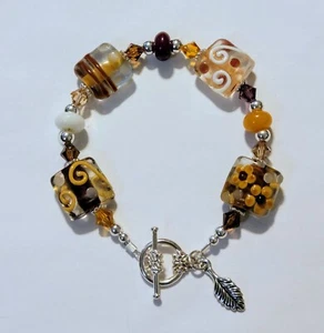 Brown & Tan Lampwork Glass Pillow Beads & With Swarovski Crystals Bracelet - Picture 1 of 3