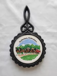 Budweiser Clydesdale Vintage Cast Iron w Round Cermanic Tile Trivet - Picture 1 of 6