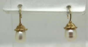 Signed BAB 14k Yellow Gold PEARL FLOWER DESIGN HOOK EARRINGS - Picture 1 of 12