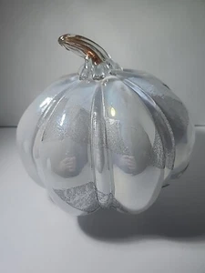 Brand New Iridescent White w/ Gold Accent Hand Blown Art Glass 7.75" LED Pumpkin - Picture 1 of 2