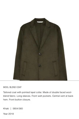 ZARA MENS WOOL BLEND COAT  NWT Orig. $129 Size L Olive Green 25" Ptp 5070 310 - Image 1 of 4