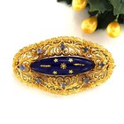 Spilla Ovale in ORO Giallo 18 kt 750 con SMALTO Blu e ZAFFIRI Vintage da Donna
