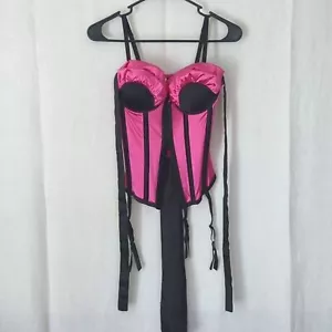 Playboy Exposed Pink Black Boned Corset Bustier Hook Front Strappy Size 34B - Picture 1 of 8