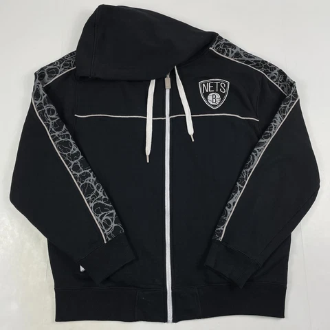 Brooklyn Nets Jacket Mens Large Black Full Zip Hooded Spellout Basketball NBA Cover
