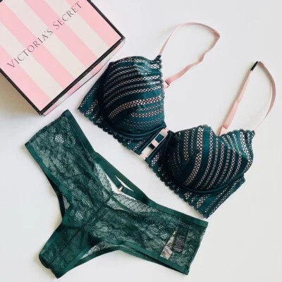 32D XS Victoria’s Secret green striped pushup lingerie set lace cheeky panties - Image 1 of 4