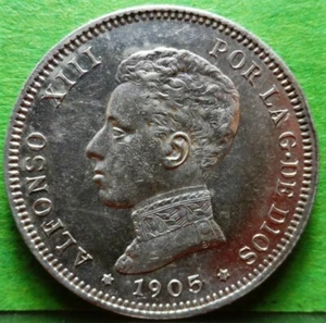 XF+, ALFONSO XIII, 2 Pesetas, 1905,*19- 05, Silver, SPAIN - Picture 1 of 2