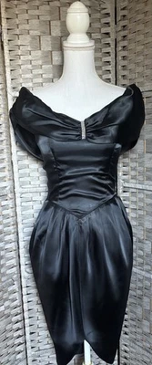 Vtg 80s ZUM ZUM Black Satin Mini Formal Ruffle Dress Rhinestone Embl Size 7/8 - Image 1 of 4