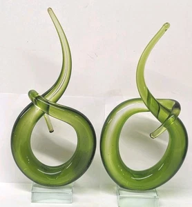 Vintage MCM Murano Art Green Glass Sculpture Abstract Lot Of 2 - Picture 1 of 6