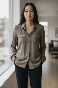 Banana Republic Damen Größe 14 Langarm Seidenbluse Taupe Edel Elegant 2345 - Bild 1 von 9