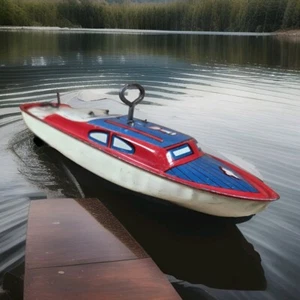 Vintage Lindstrom USA Tin Wind-Up Cabin Cruiser Barca 7,5" Nave Giocattolo Retrò Nautica Co - Foto 1 di 17