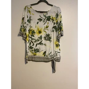 Chicos Womens Floral Print Top Size 2 Green & Yellow 3/4 Sleeve Tie Hem L Tunic - Picture 1 of 13