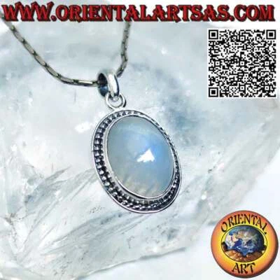 Ciondolo in argento 925 con pietra di luna arcobaleno ovale gran ornata da sfere - Immagine 1 di 4