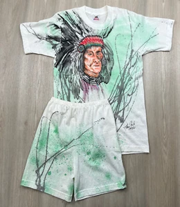 VTG 1993 Single Stitch Native American Hand Painted T Shirt Short Set USA Made - Picture 1 of 14
