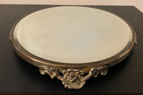Vintage Round 9.75" Ornate Beveled Vanity Plateau Footed Mirror Tray Cover