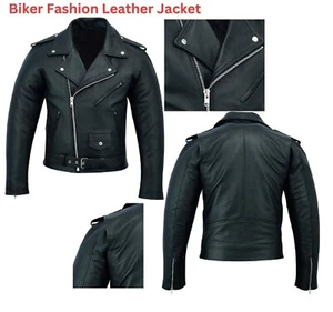Men Brando Genuine Leather Jacket Motorcycle Perfecto Black Marlon Biker Jacket - Picture 1 of 7