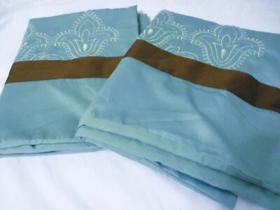 pair of standard size pillow shams light aqua brown strip embroidered flowers - Image 1 of 4