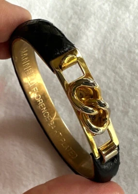 ￼Vintage Signed 24K Gold Plated Cuff Bracelet ￼Bangle Black Leather Italy￼￼ - Image 1 of 4