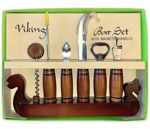 Vintage Bar Tool Set Wood Viking Boat IDEAL Japan Retro Barware Deadstock MCM - Picture 1 of 17