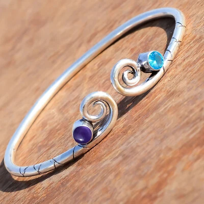 Blue Topaz & Amethyst Gemstone 925 Sterling Silver Cuff Bangle Any Occasion Gift - Image 1 of 4